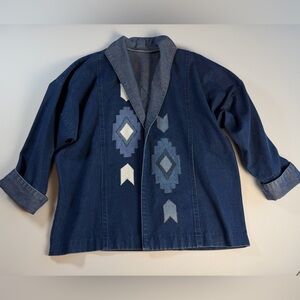 Upcycled Southwestern Open Front Denim Jacket Size Medium Large EUC